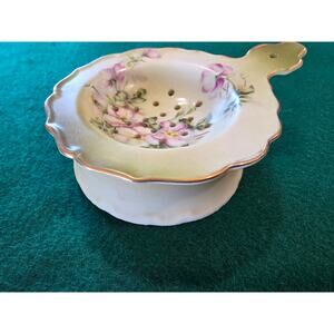 VINTAGE NIPPON TEA bag strainer w/ drip bowl hand painted floral